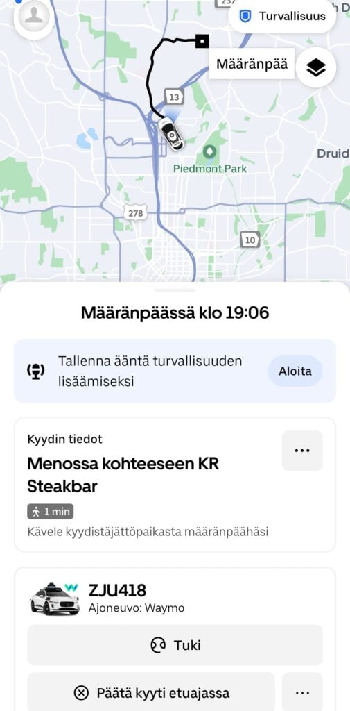 Kuva 1. Atlantassa Waymon robottikyytejä tarjotaan osana Uberin kyytipalvelua